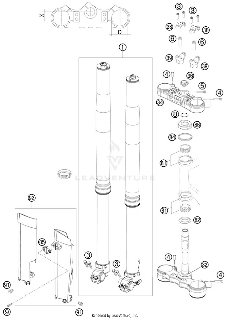 Front Fork, Triple Clamp 200 XCW Chassis - 2012 Schematic
