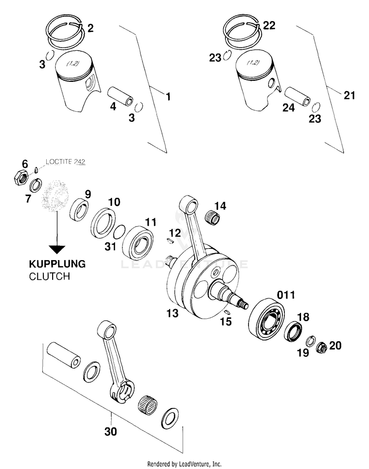 Crankshaft, Piston 250 EXC Engine - 2000 Schematic