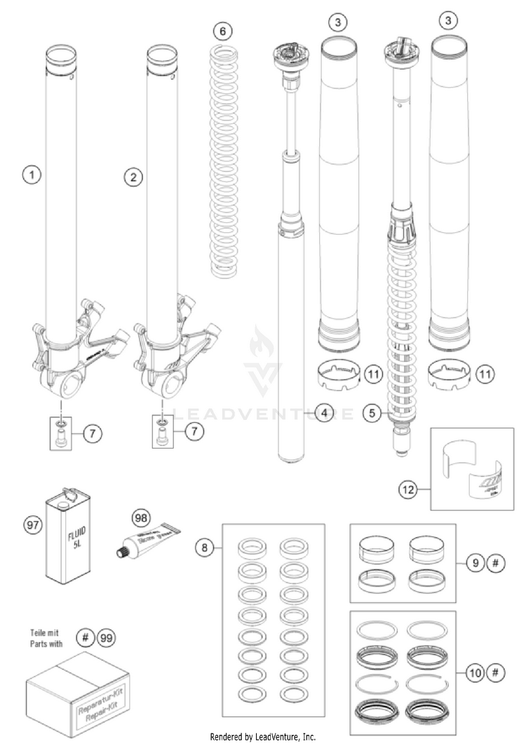 Front Fork Disassembled 1290 SUPER DUKE GT, orange CHASSIS - 2023 Schematic