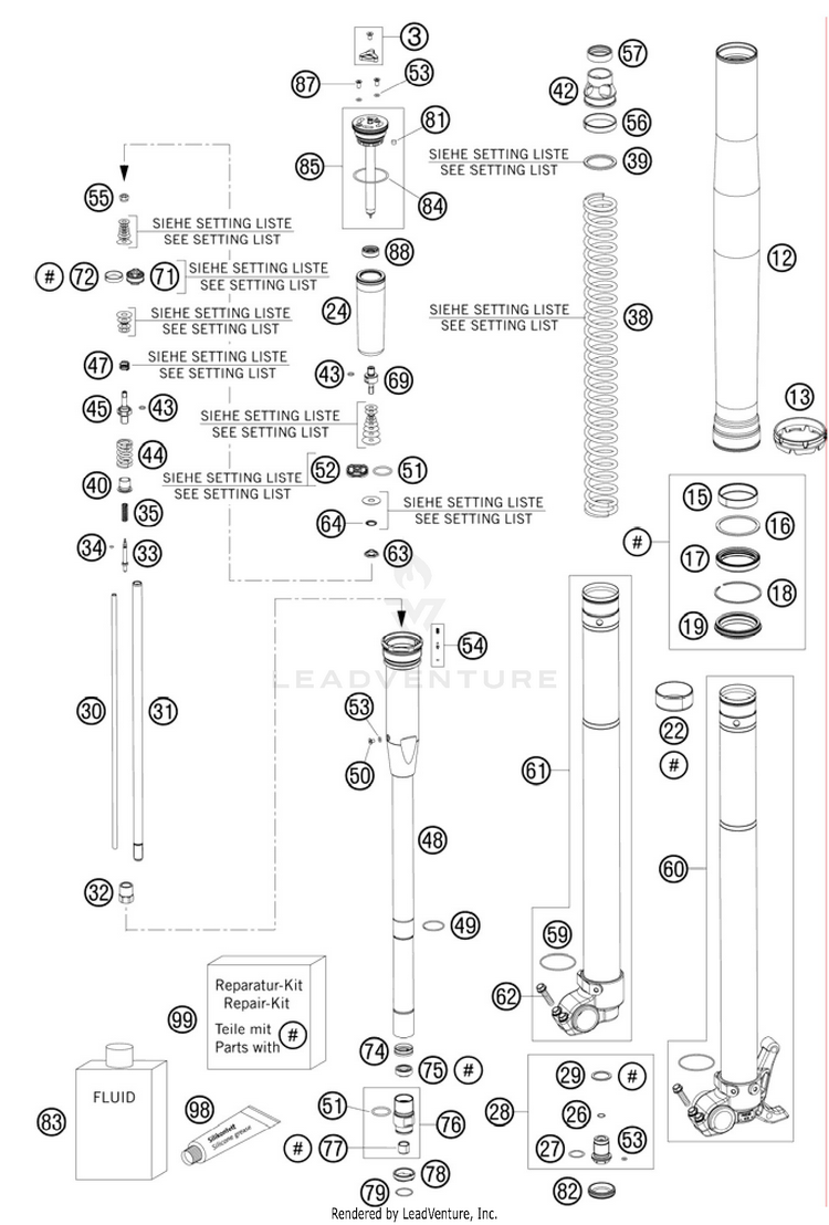 Front Fork, Disassembled 300 XC Chassis - 2011 Schematic
