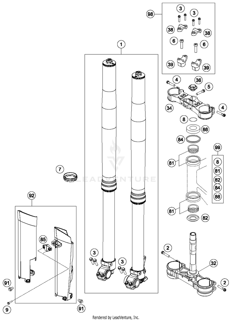 Front Fork, Triple Clamp 300 XCW Sixdays Chassis - 2014 Schematic
