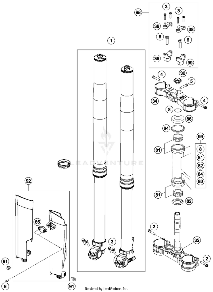Front Fork, Triple Clamp 350 XCFW SIXDAYS Chassis - 2015 Schematic