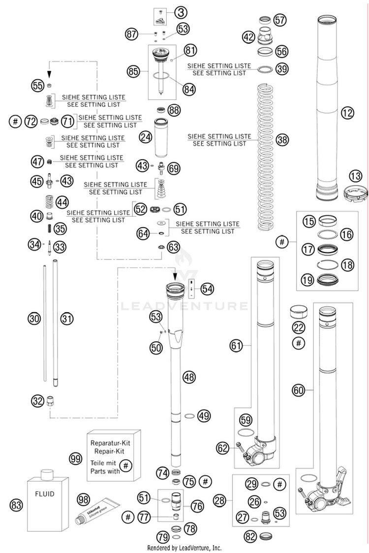 Front Fork, Disassembled 150 XC Chassis - 2011 Schematic
