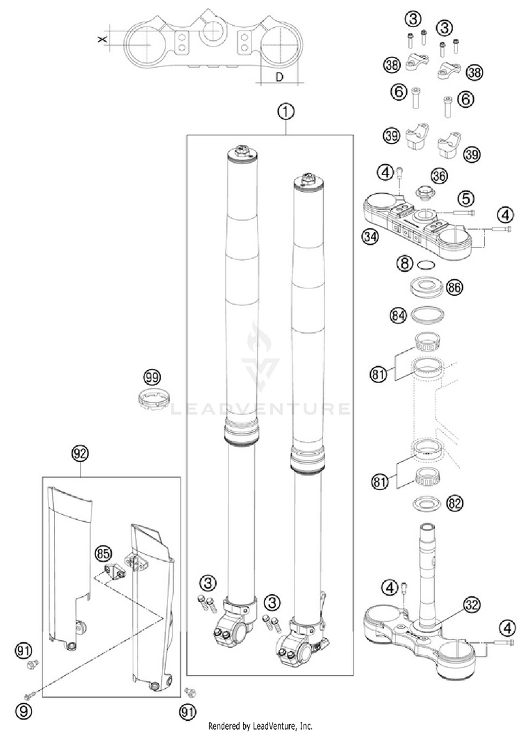 Front Fork, Triple Clamp 500 EXC Chassis - 2012 Schematic