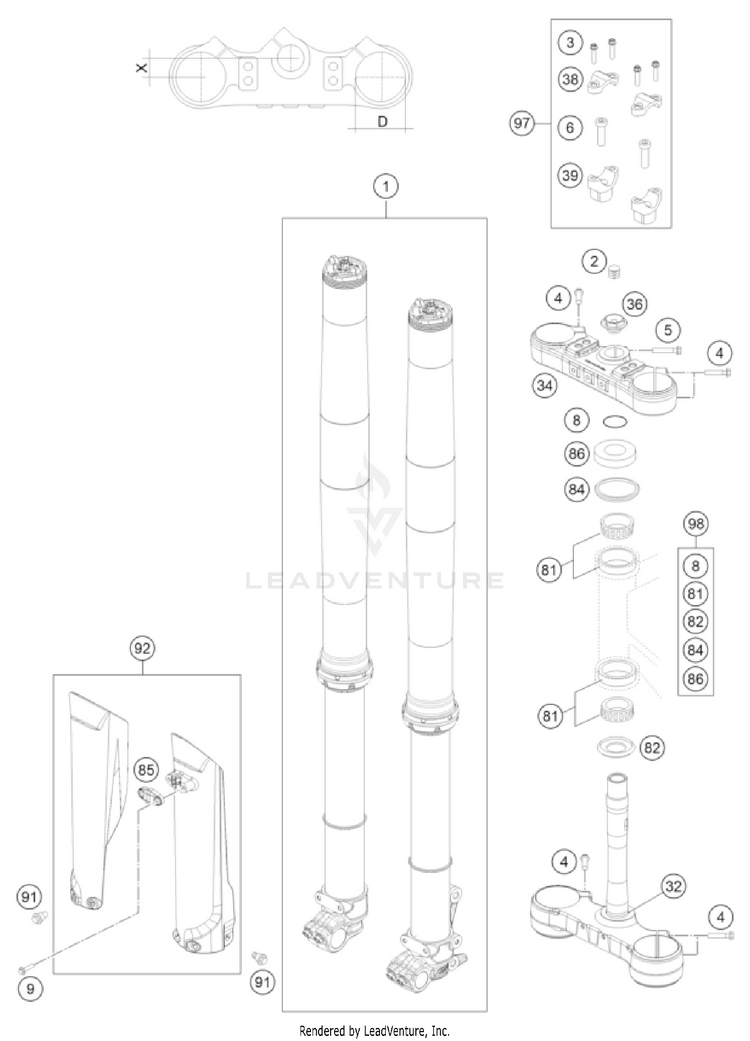 Front Fork, Triple Clamp 500 EXC-F CHASSIS - 2023 Schematic