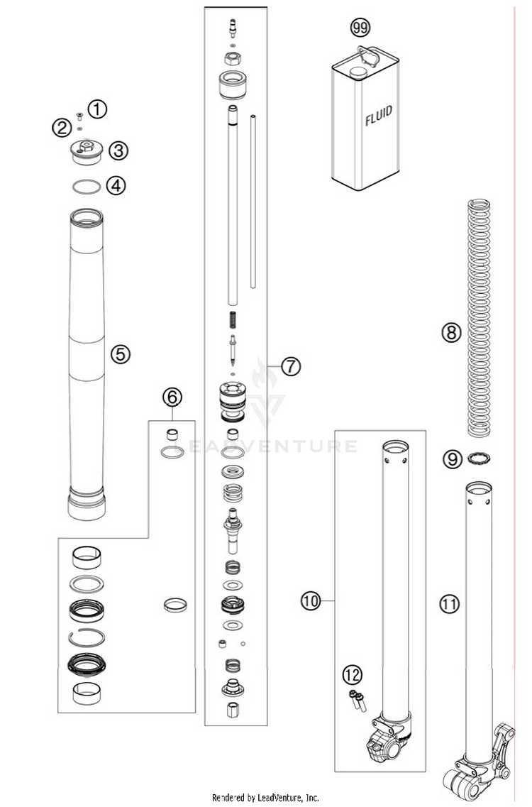 Front Fork, Disassembled 65 SX Chassis - 2012 Schematic