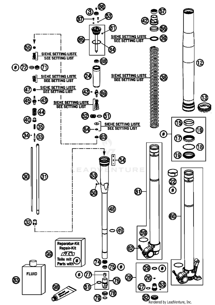 Front Fork, Disassembled 505 SX-F Chassis - 2008 Schematic