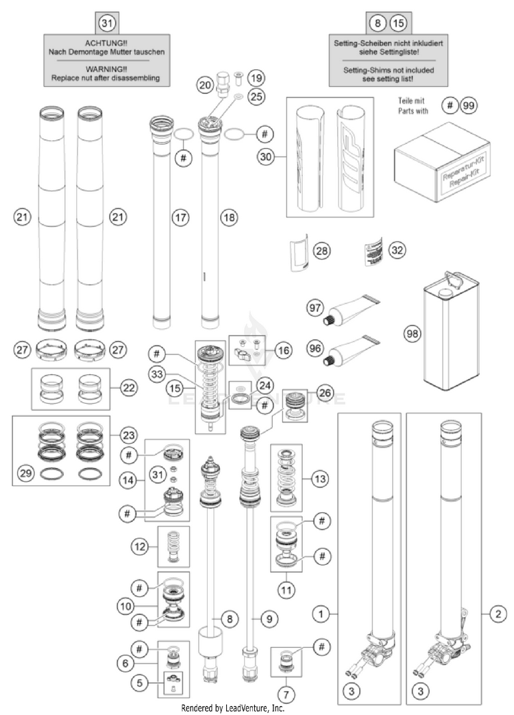 Front Fork Disassembled 125 SX CHASSIS - 2023 Schematic