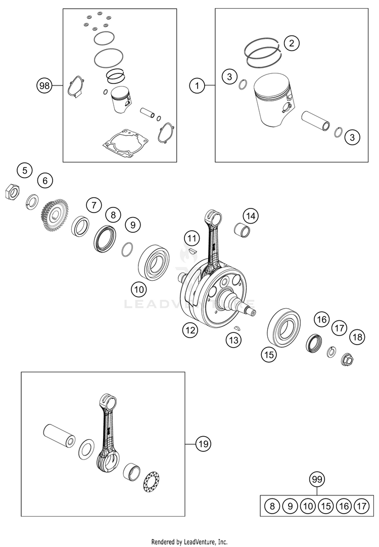 Crankshaft, Piston 250 XC-W TPI Engine - 2021 Schematic