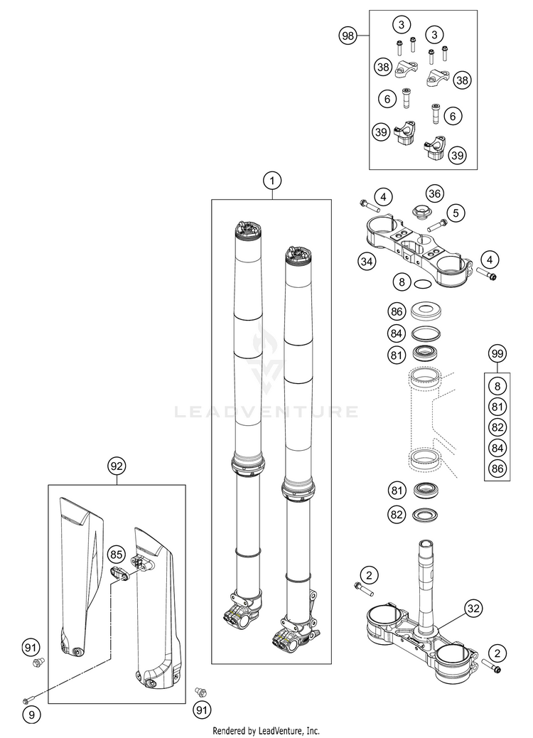 Front Fork, Triple Clamp 500 EXC-F SIX DAYS Chassis - 2021 Schematic
