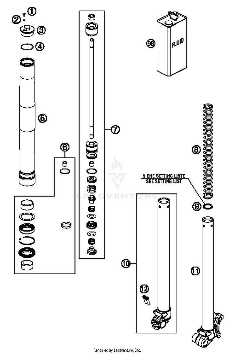 Front Fork, Disassembled 50 SX Mini Chassis - 2014 Schematic