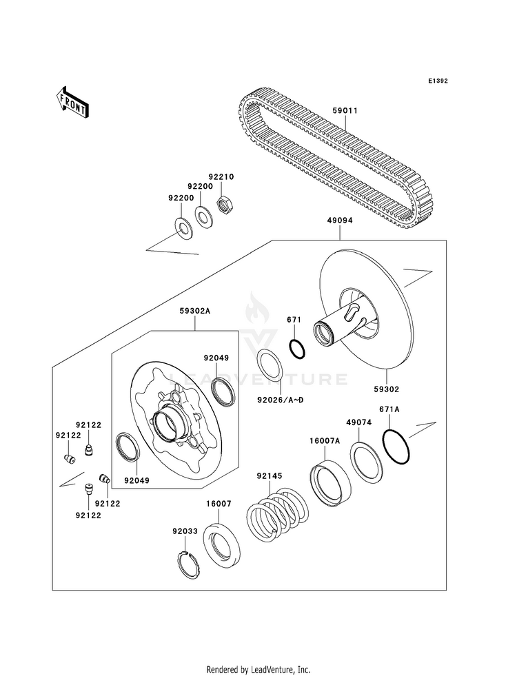 Driven Converter/Drive Belt KVF750E8F Brute Force 750 4x4i Hardwoods Green HD (2008) Schematic