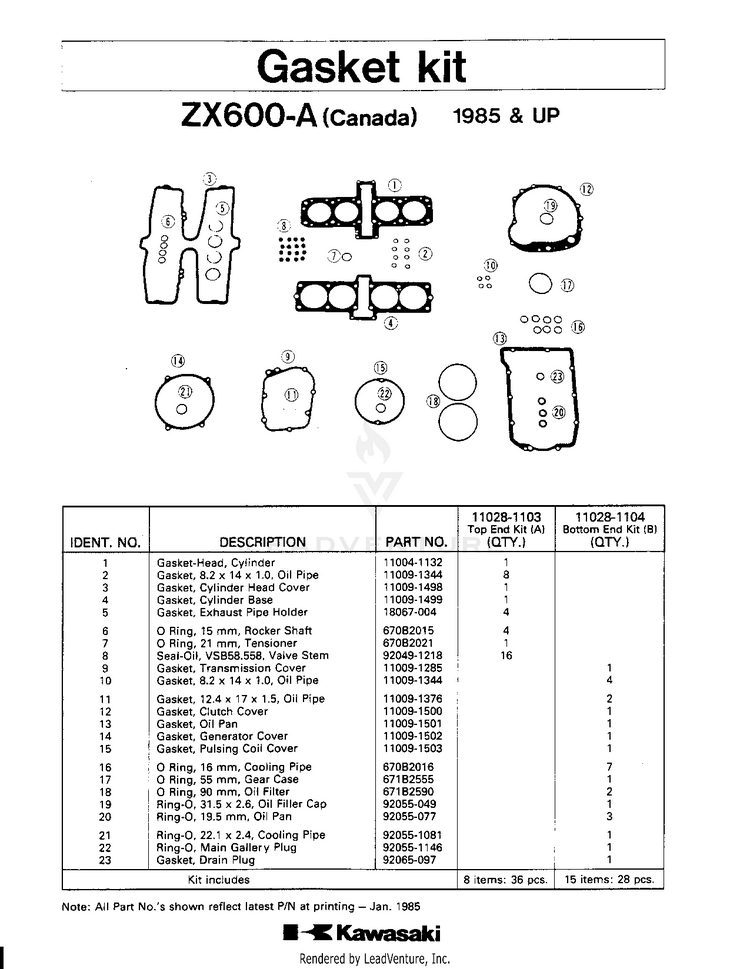 Gasket Kit Zx600-A (Canada) 1985 & Up Schematic