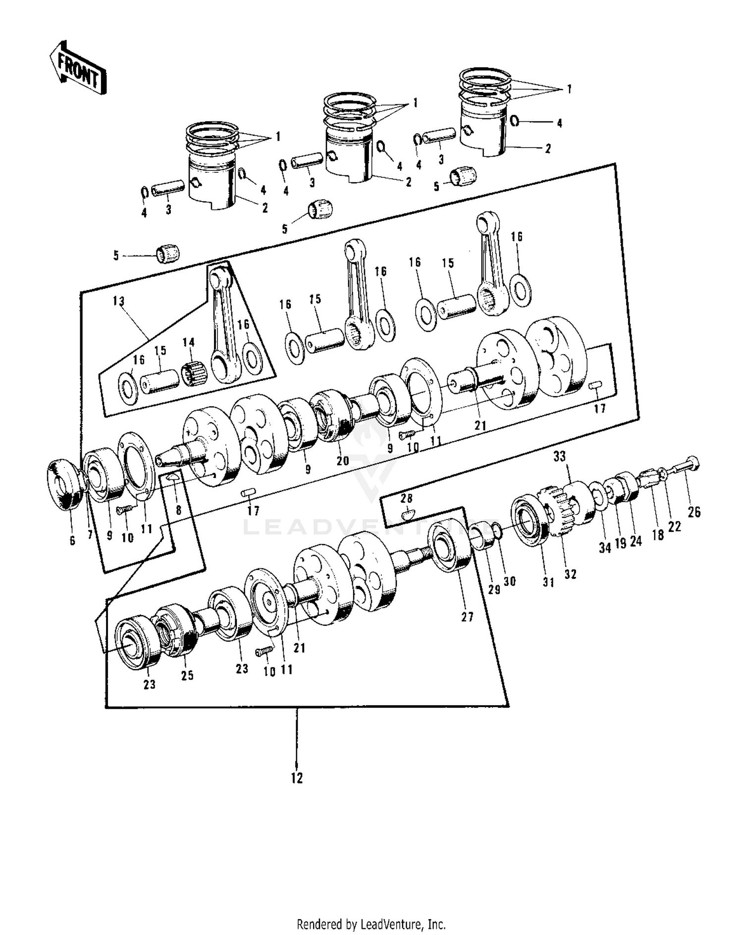 CRANKSHAFT/PISTONS ('73-'75 D/E/F & '76