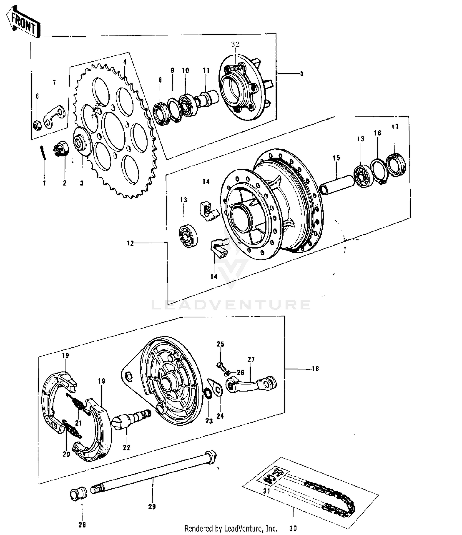 REAR HUB/BRAKE/CHAIN ('74-'76 KX125/A/A3