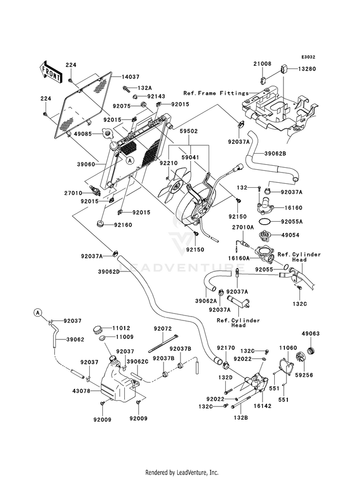 Radiator KVF750A7F Brute Force 750 4x4i (2007) Schematic