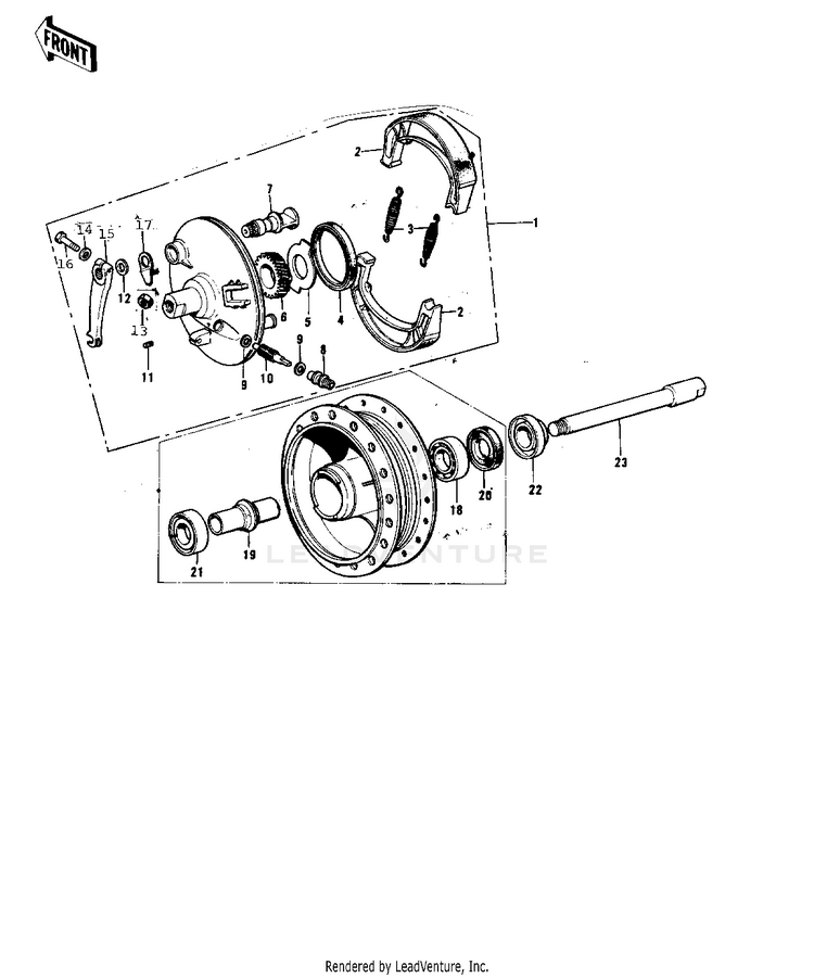 Front Hub/Brake ('74-'75 F9-B/F9-C 350) Schematic