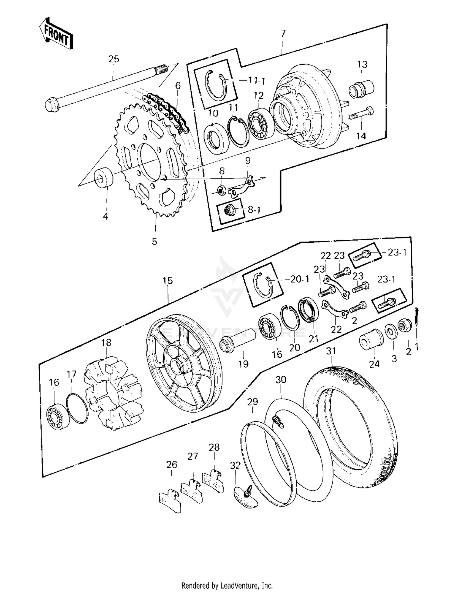 REAR WHEEL/TIRE/HUB/CHAIN ('80 D3)