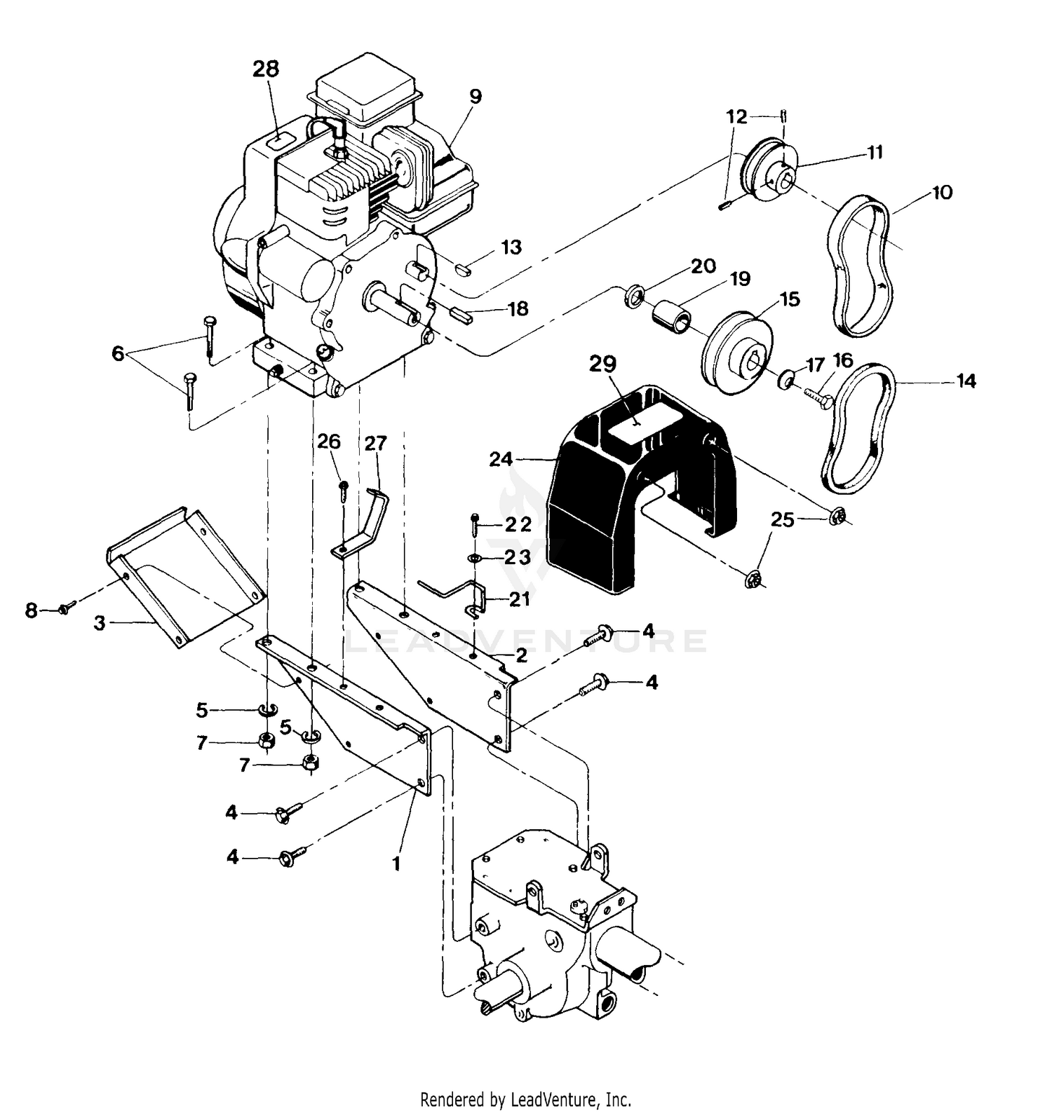 Troy Bilt 21A 530 081 Pony Tiller 15008 S N 0400101 1199999 15008C Pony Tiller Engine Support Brackets Pulleys Belts Belt Cover