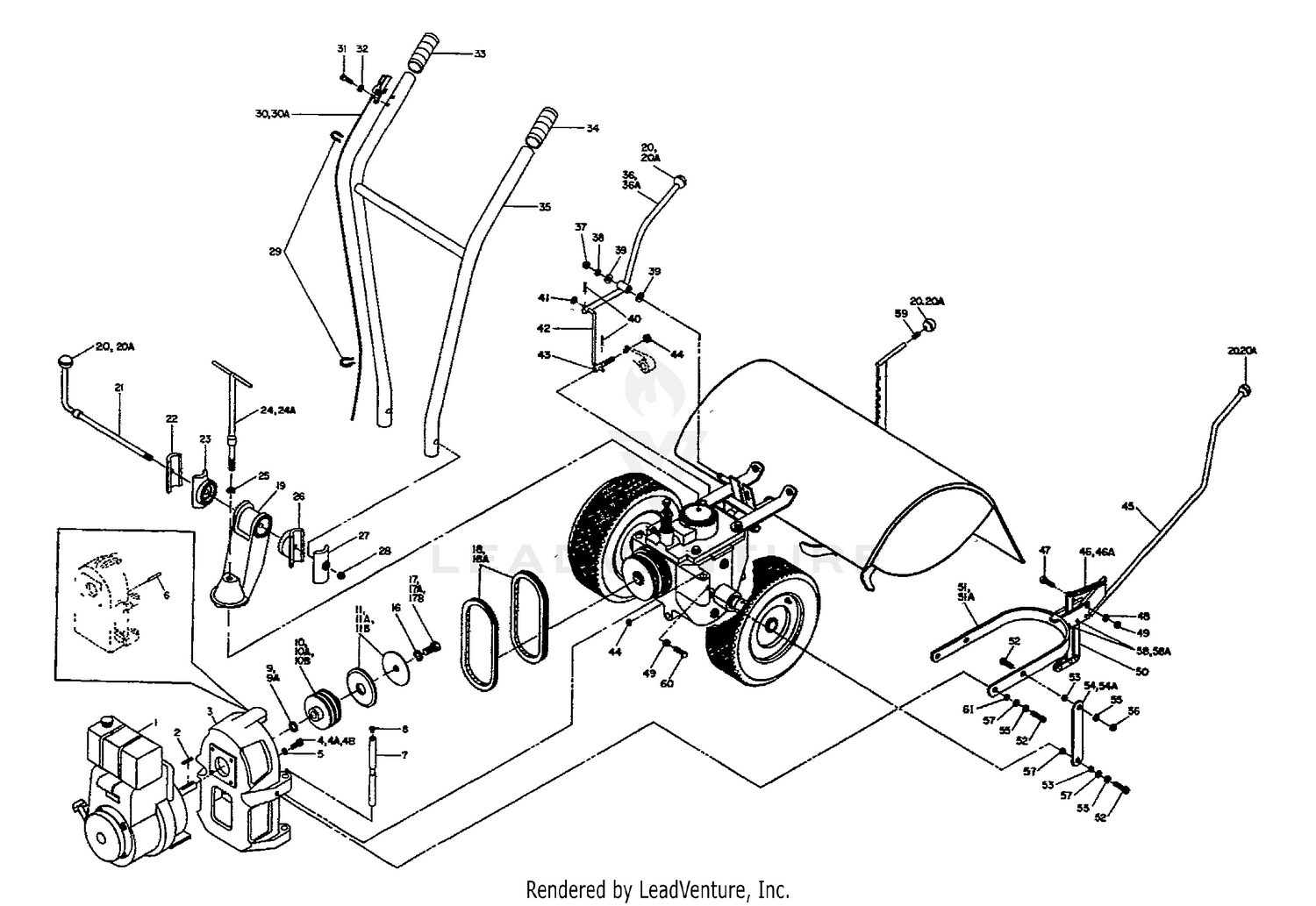 ENGINE, PULLEYS, BELTS, HANDLES & SHIFTS