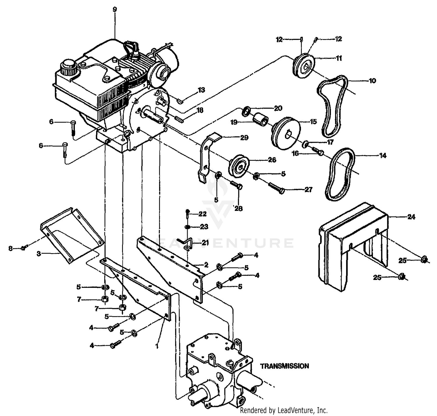 ENGINE, SUPPORTS, PULLEYS & BELTS