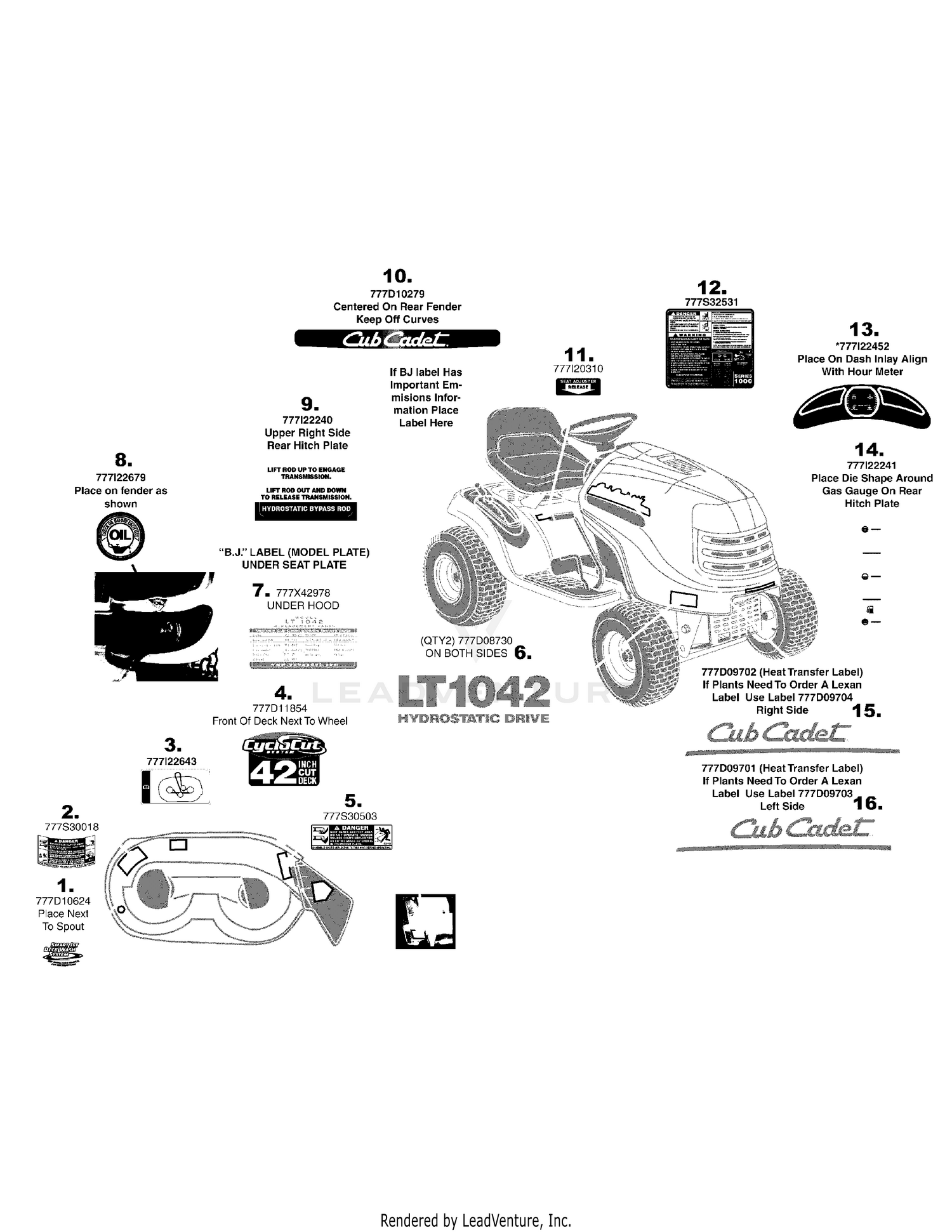 Cub Cadet LT1042 Tractor 2008 after 13AX11CG010 Label Map LT1042