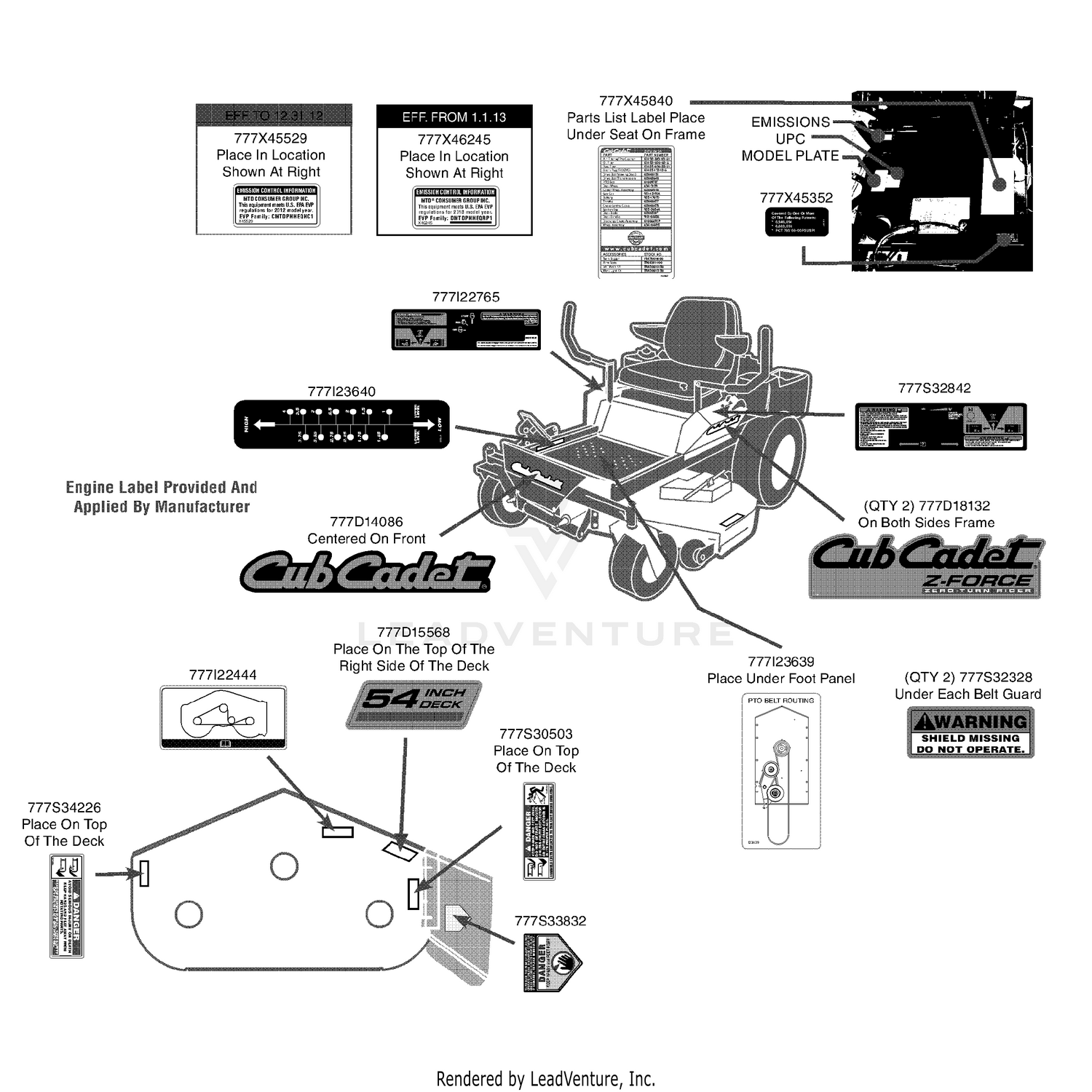 Cub Cadet Z Force 54 Kohler 17BF3AGX 2013 17BF3AGX010 2013 Label Map