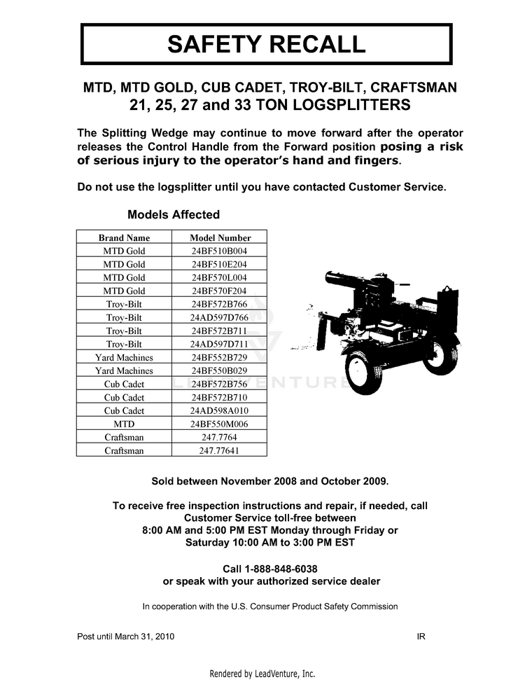 Yard machines 25 ton log online splitter