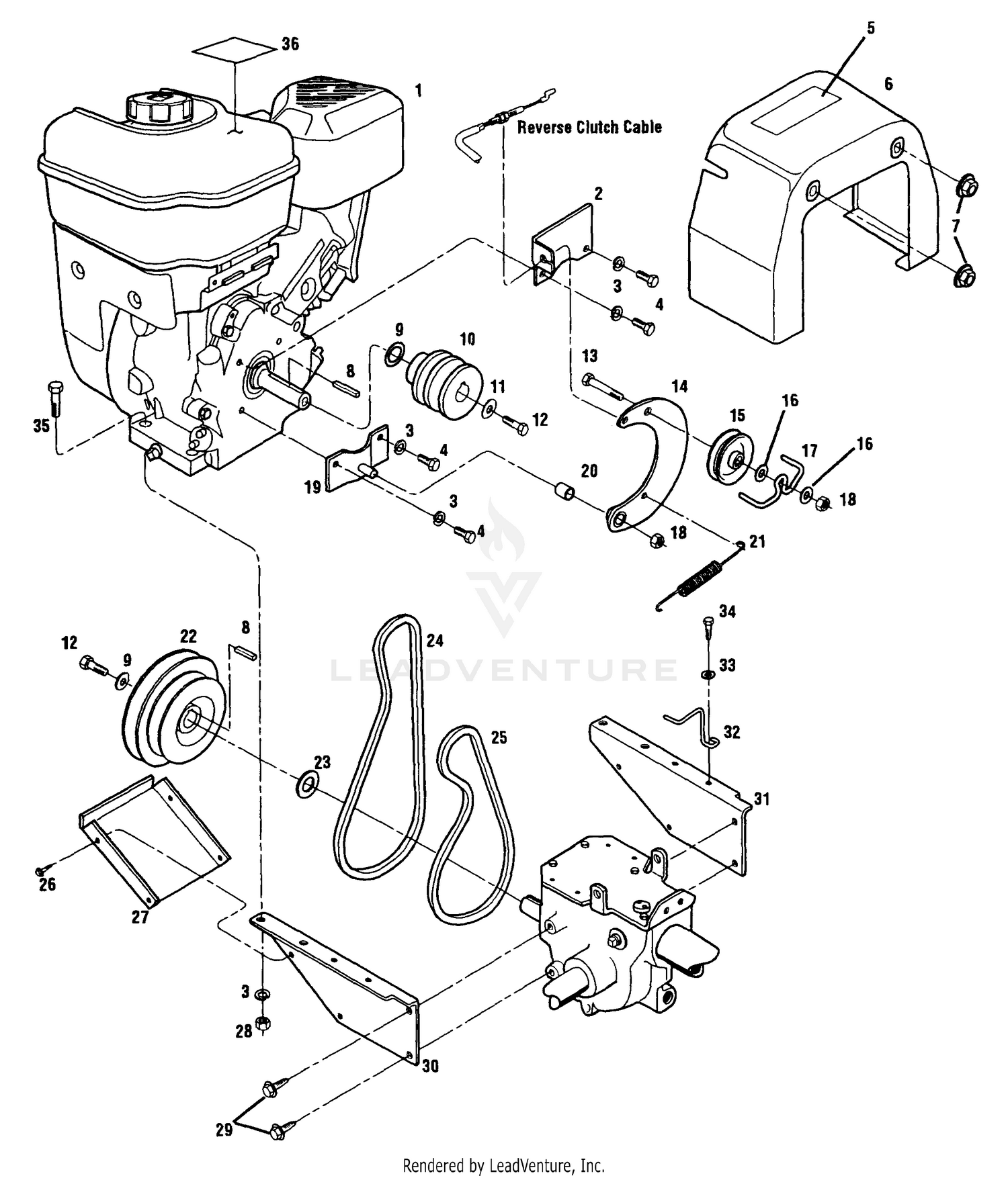 Engine, Support Brackets, Pulleys, Belts & Belt Cover