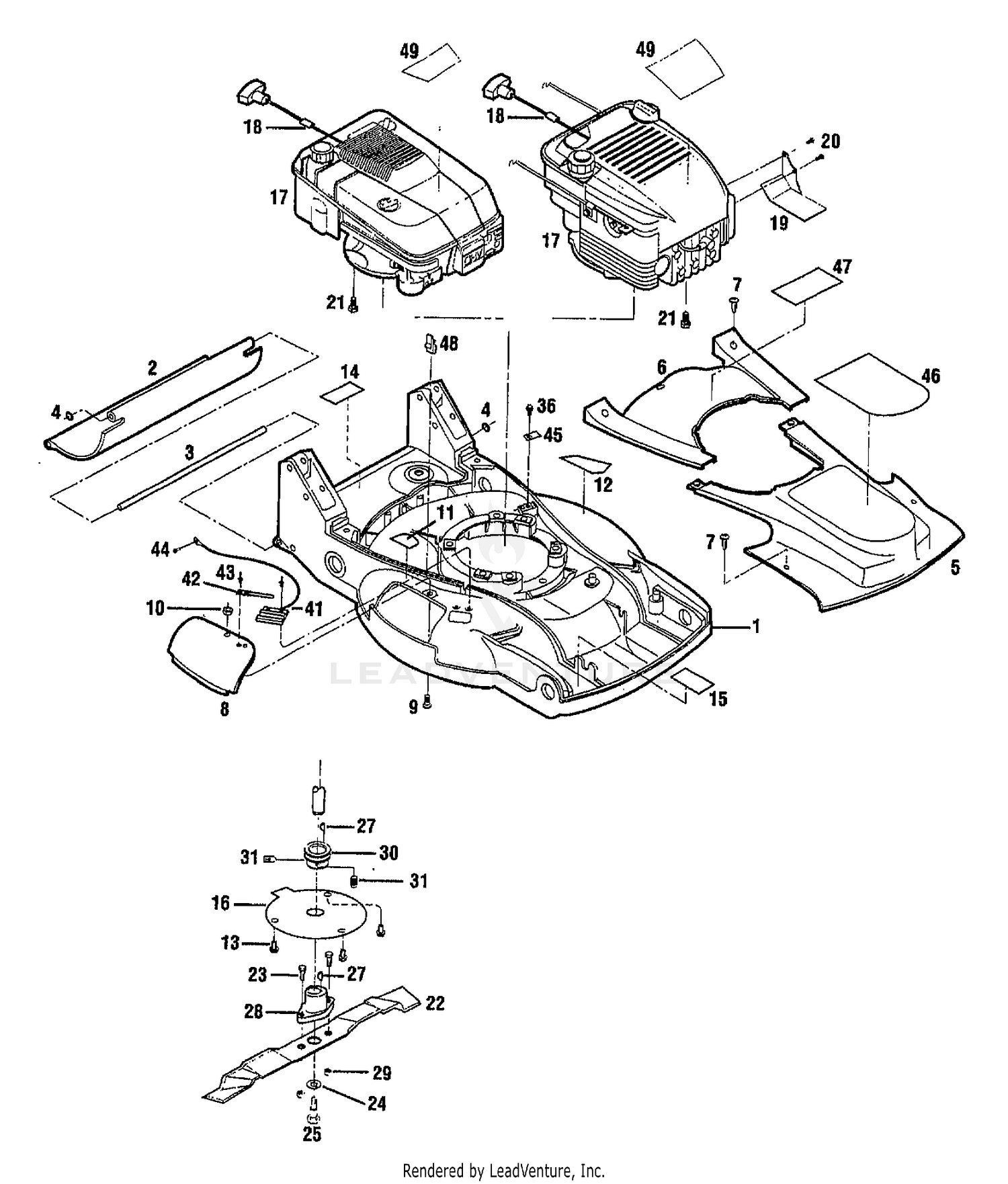 ENGINE, MOWER DECK & BLADE ASSY.