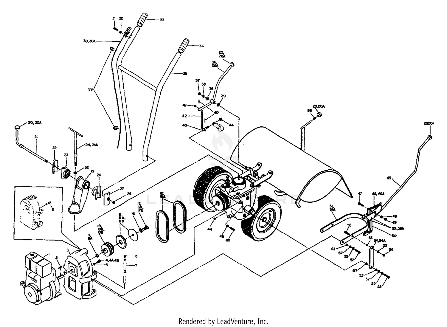 ENGINE, PULLEYS, BELTS, HANDLES & SHIFTS