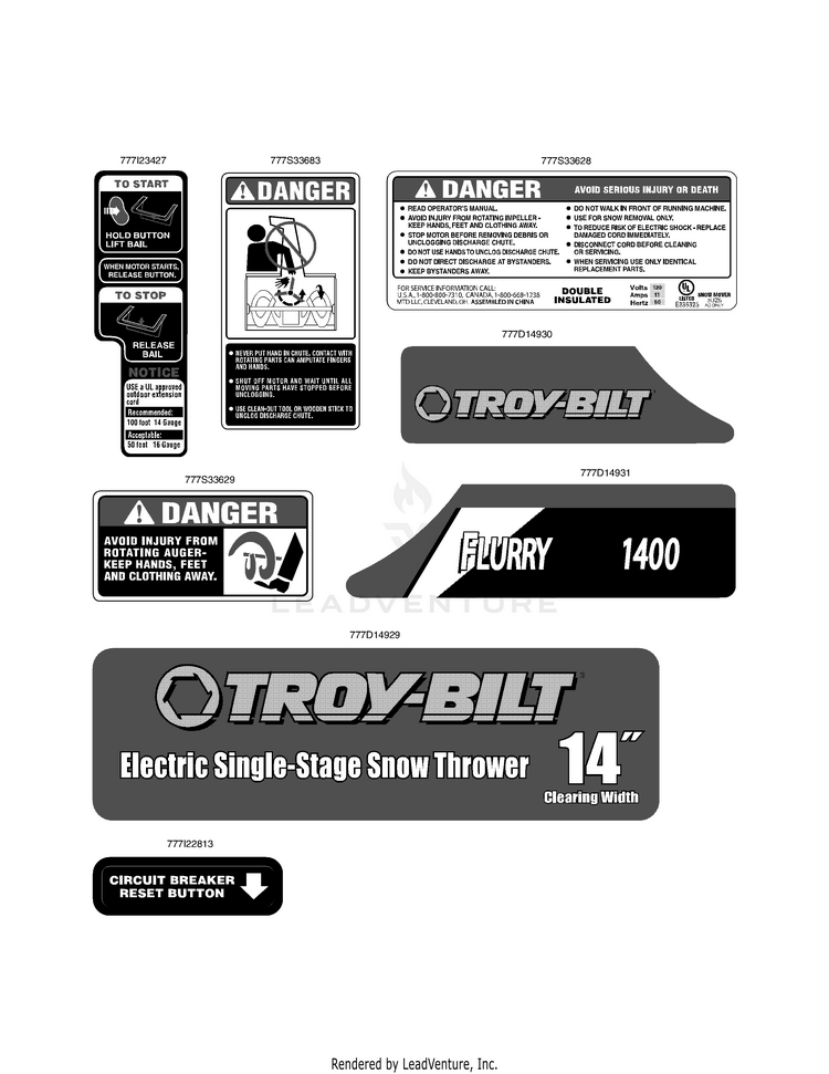 TroyBilt 31A050711 Flurry 1400 14" Electric Snow '10 Snow Thrower