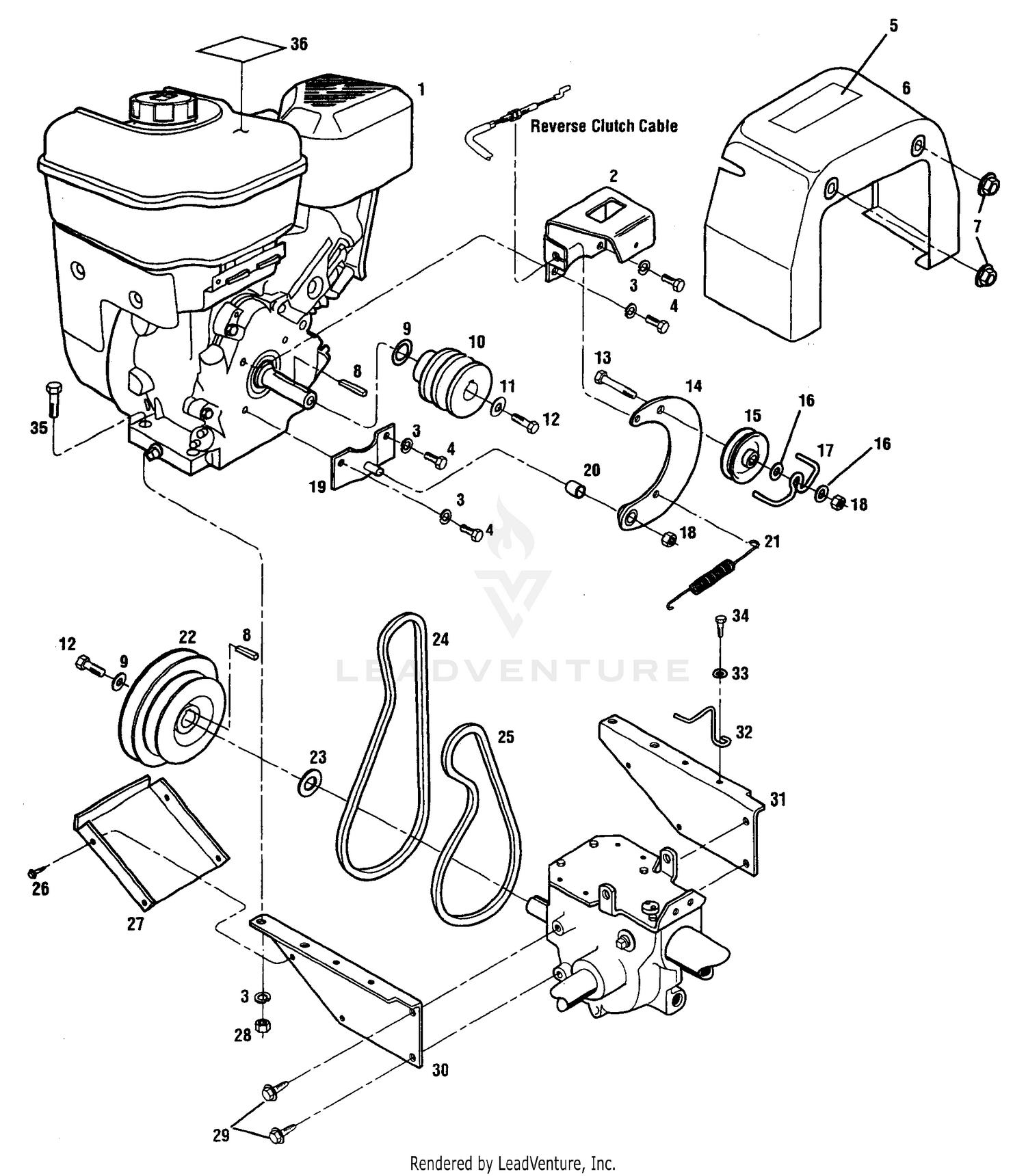 Engine, Support Brackets, Pulleys, Belts, Belt Cover