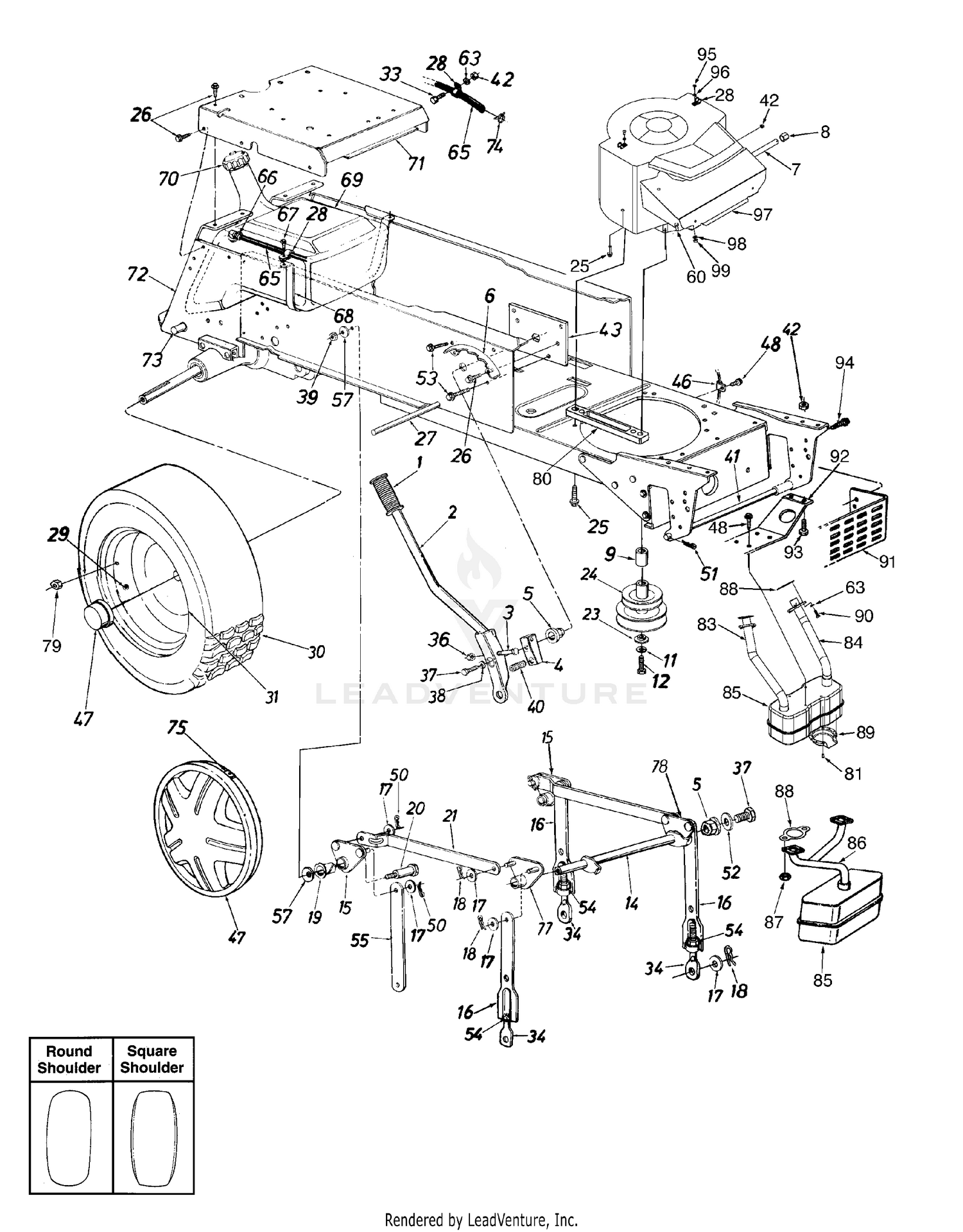 Lift Assembly, Fuel Tank, Wheels, Rear, Frame Components