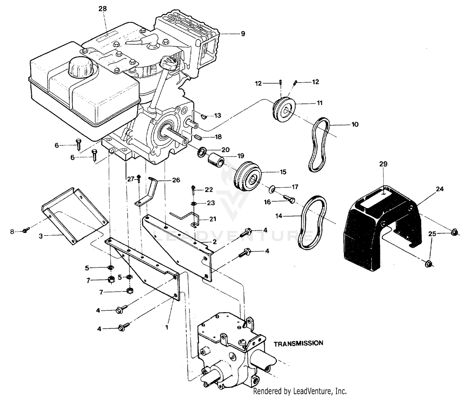 Engine, Support Brackets, Pulleys, Belts And Belt Cover