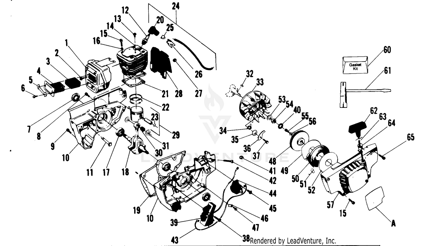 CRANKCASE, FLYWHEEL, PISTON