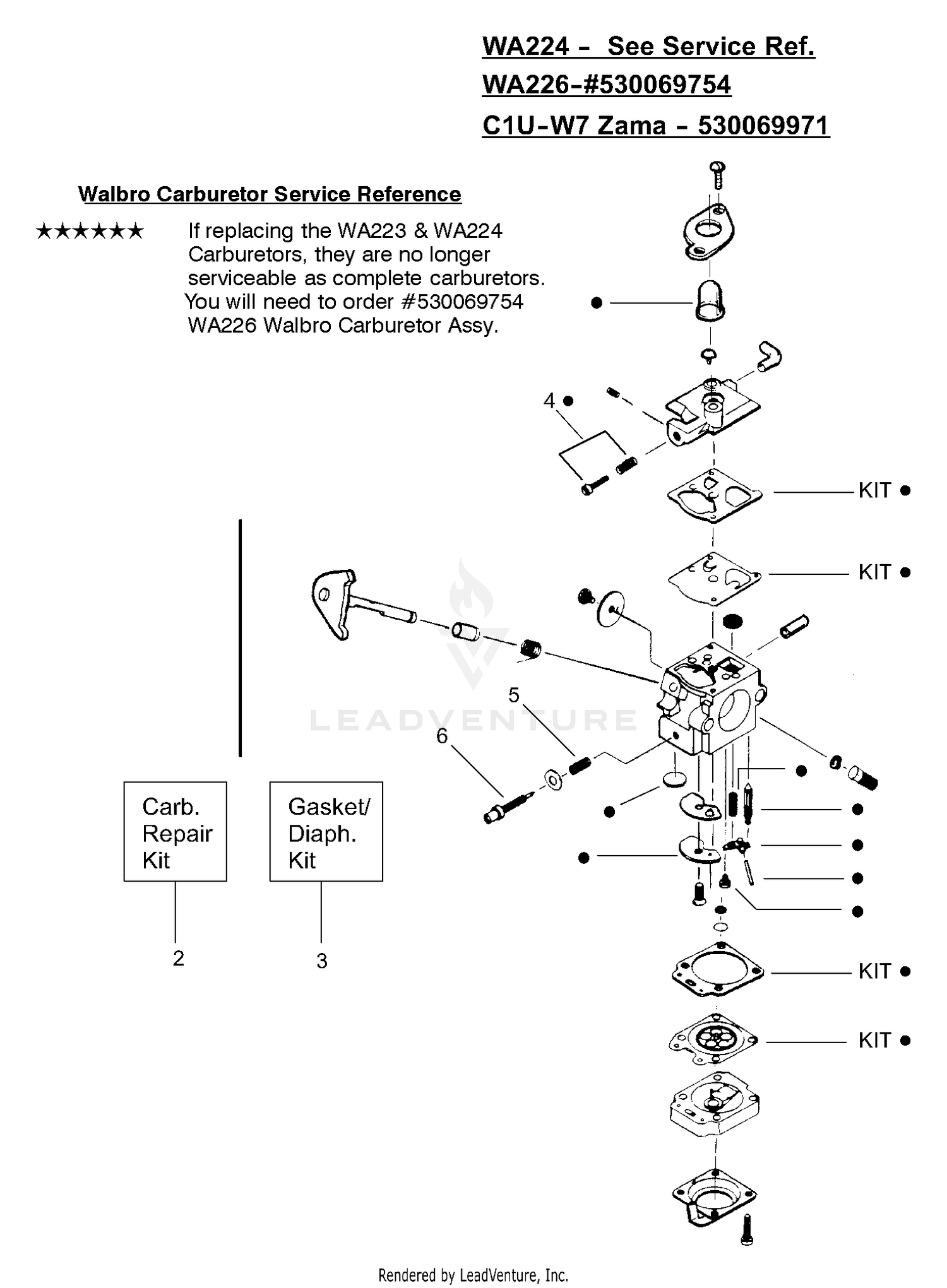 Carburetor Assembly (WA224), (WA226) P/N 530069754, (Zama C1U-W7) P/N 530069971