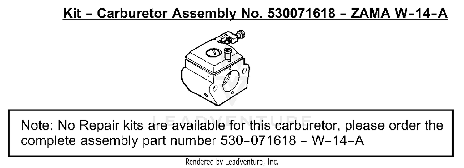 Carburetor Assembly (Zama W-14-A) P/N 530071618