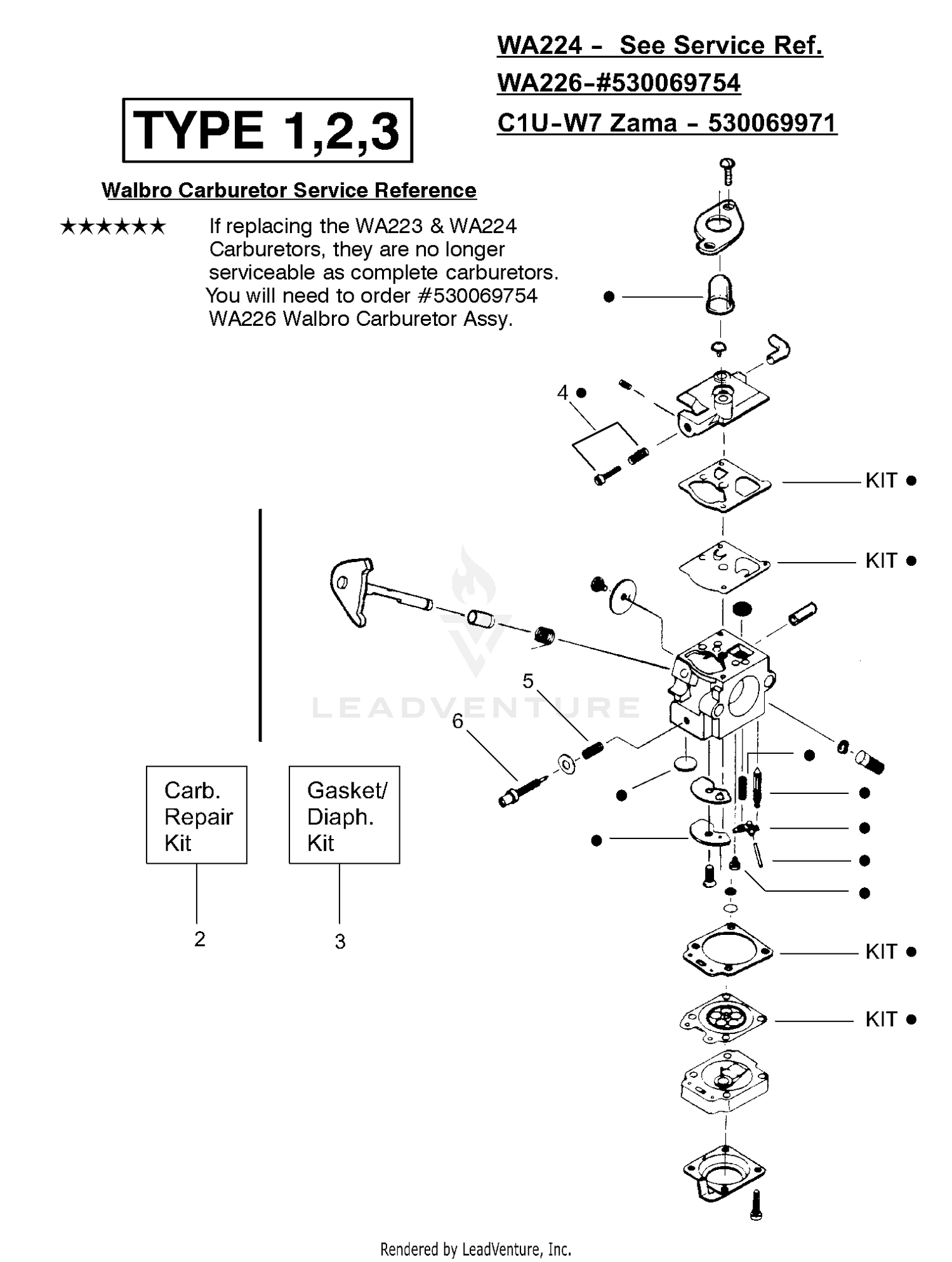 Carburetor Assembly (WA224), (WA226) 530069754, (Zama C1U-W7) 530069971