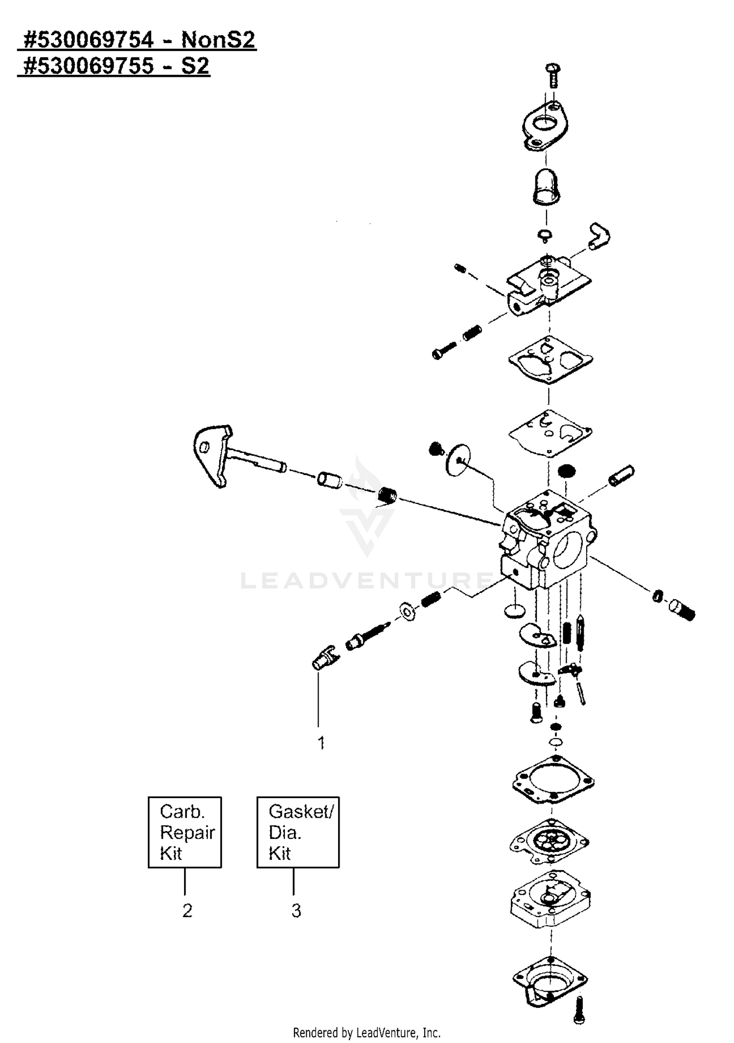 Carburetor Assembly - P/N 530069754 (NonS2) P/N 530069755 (S2)