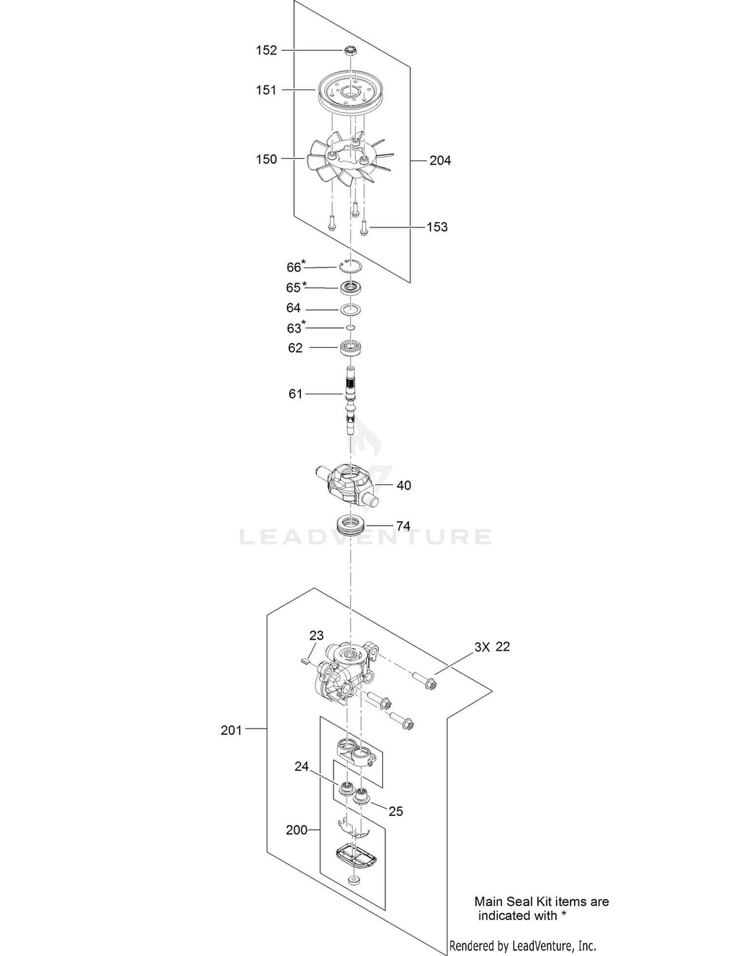 Center Section and Fan Pulley Assembly  Transmission Assembly No. 121-0999