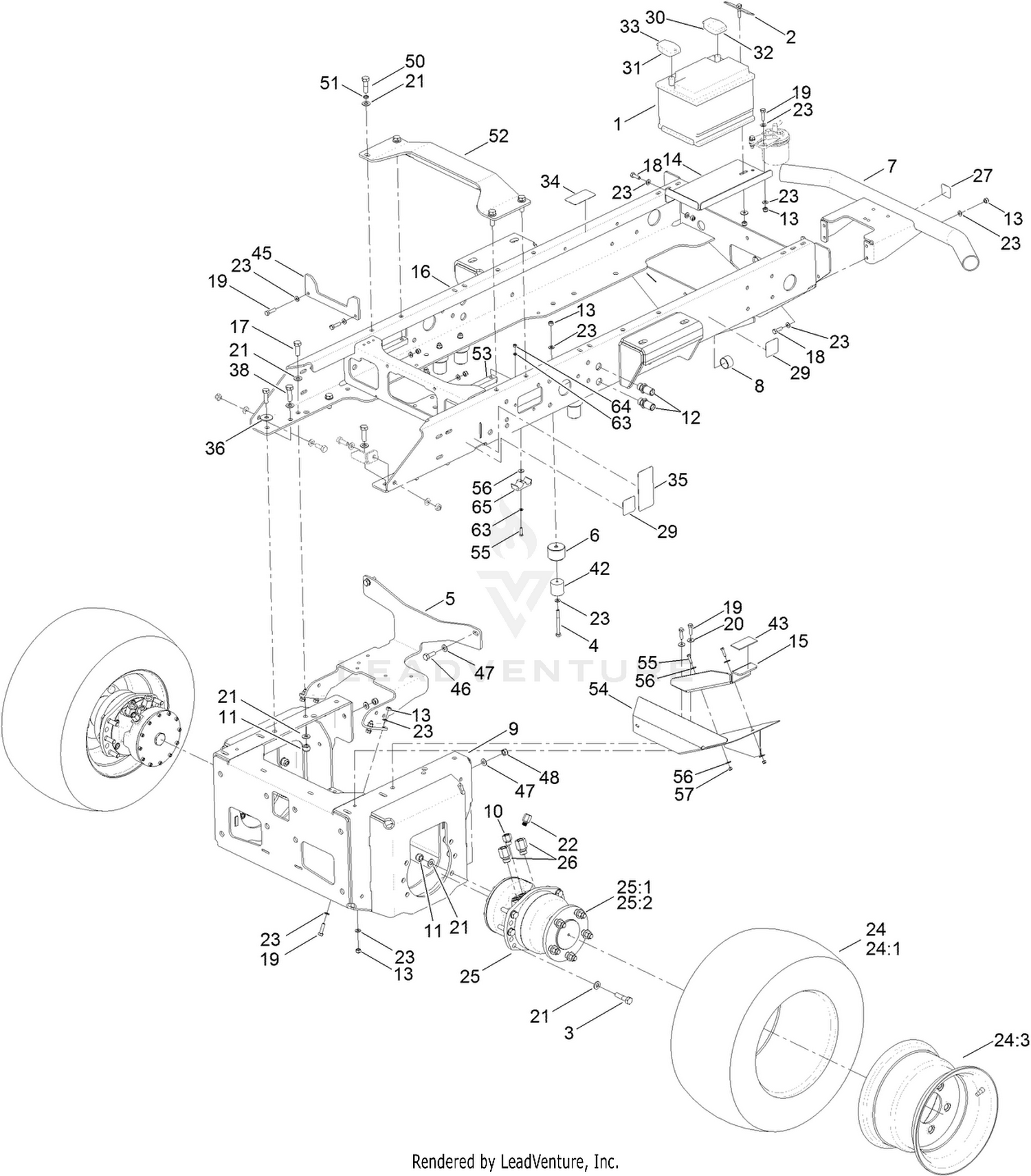 Main Frame, Front Wheel and Battery Assembly