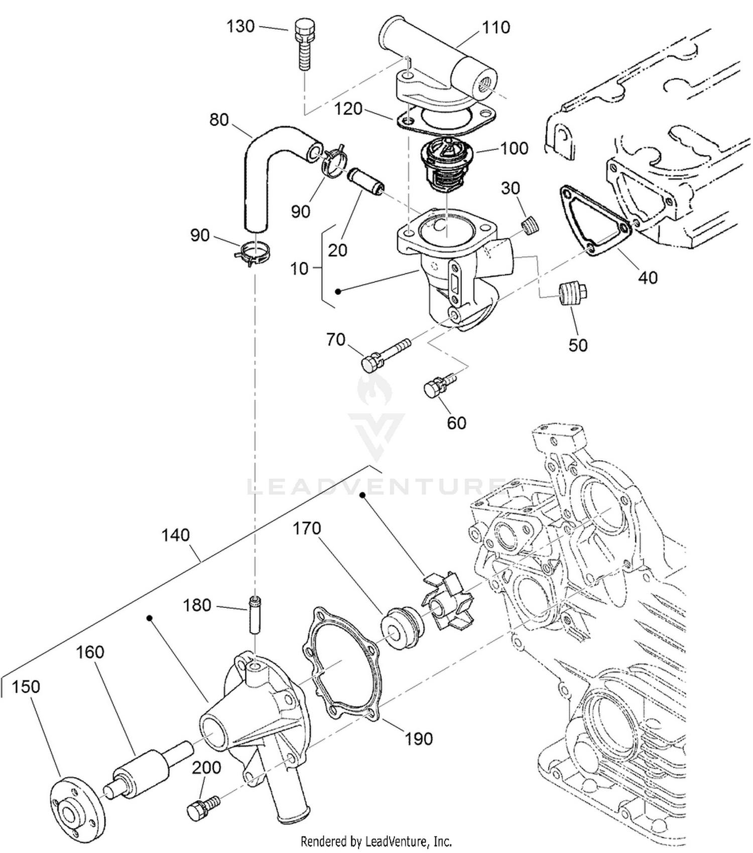 Water Flange, Thermostat and Water Pump Assembly
