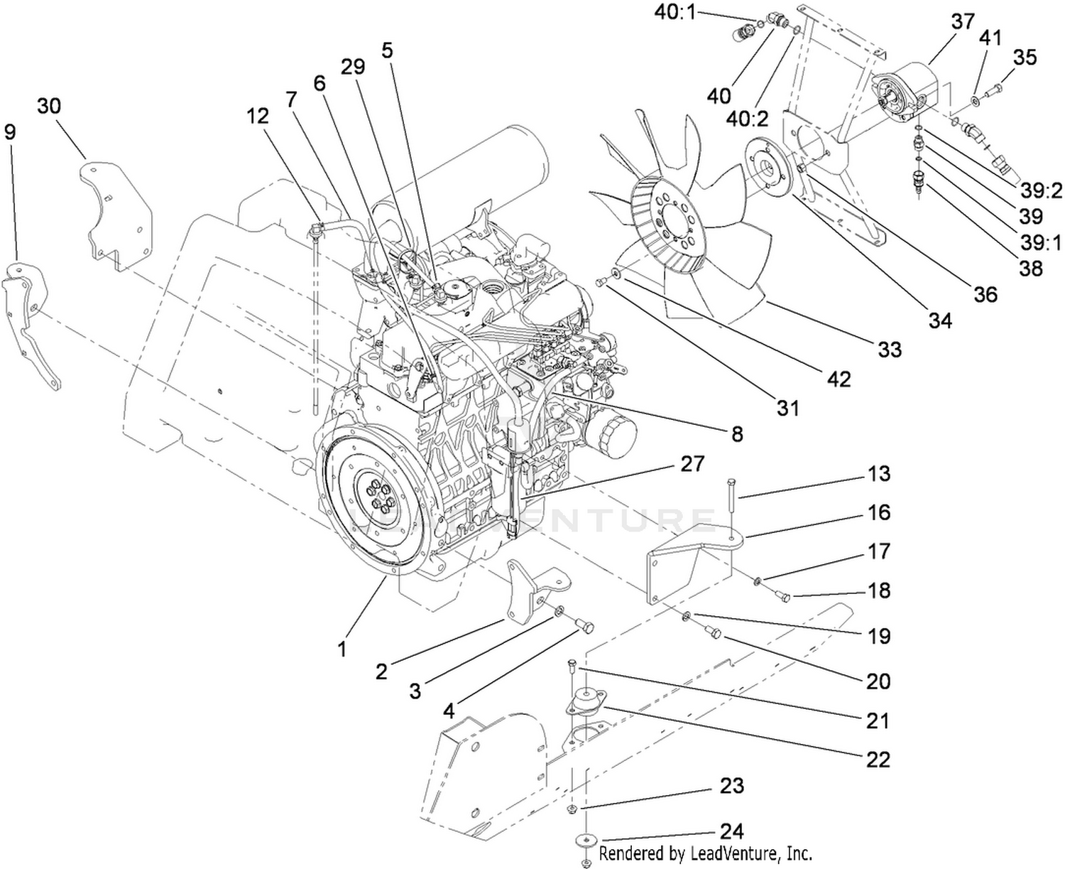 Engine Mount, Fuel Line and Fan Drive Assembly