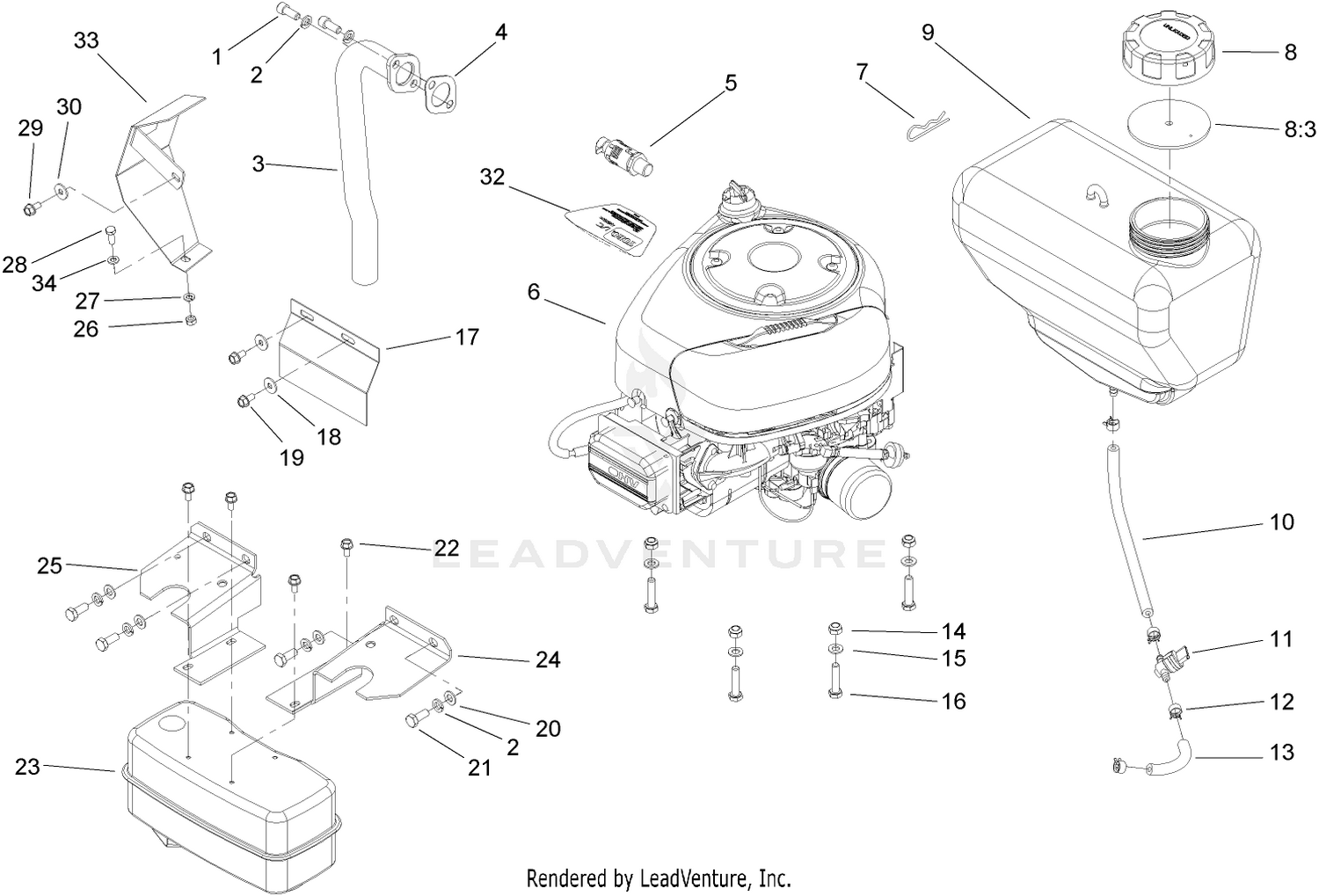 Engine, Muffler and Fuel Tank Assembly