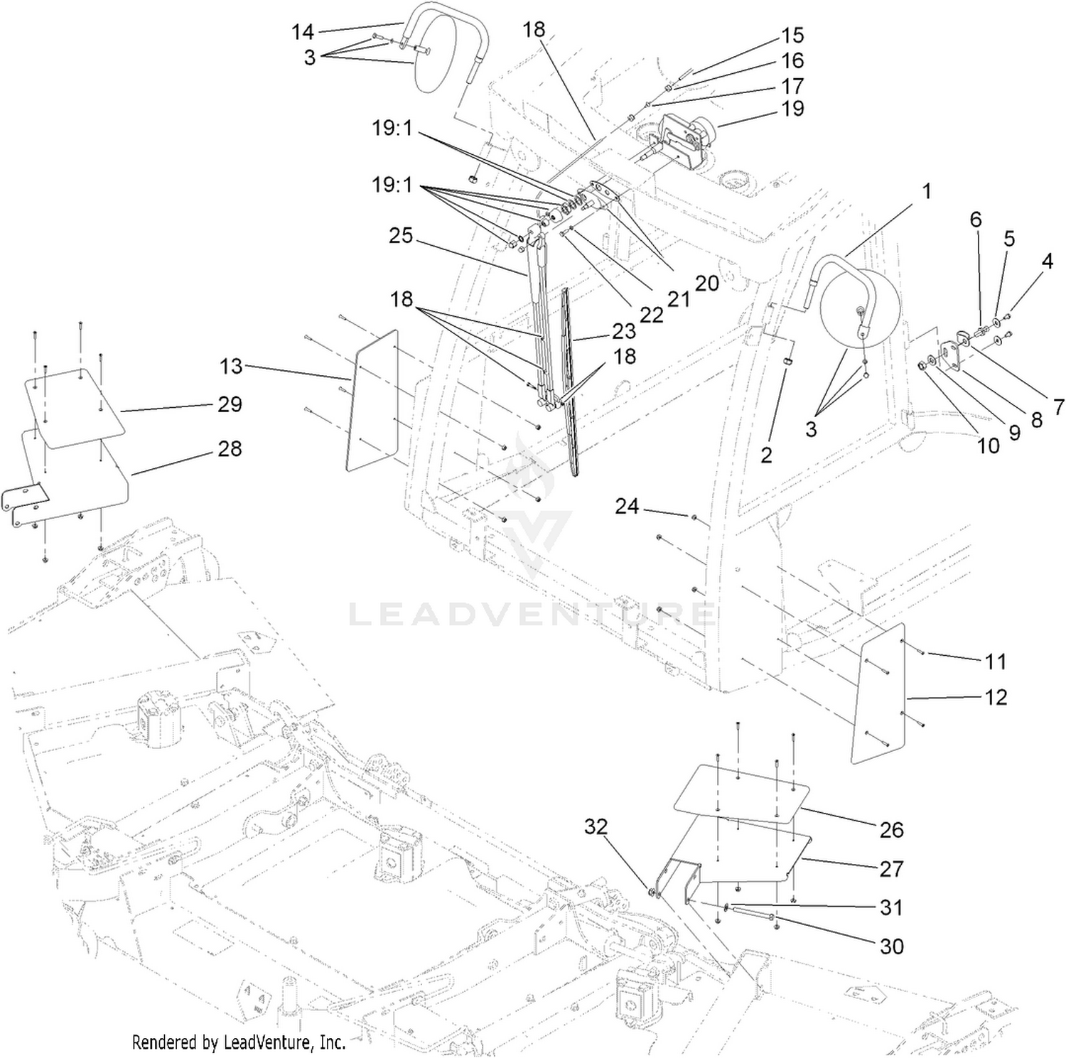 Deck Stop, Door Striker, Mirror and Wiper Assembly