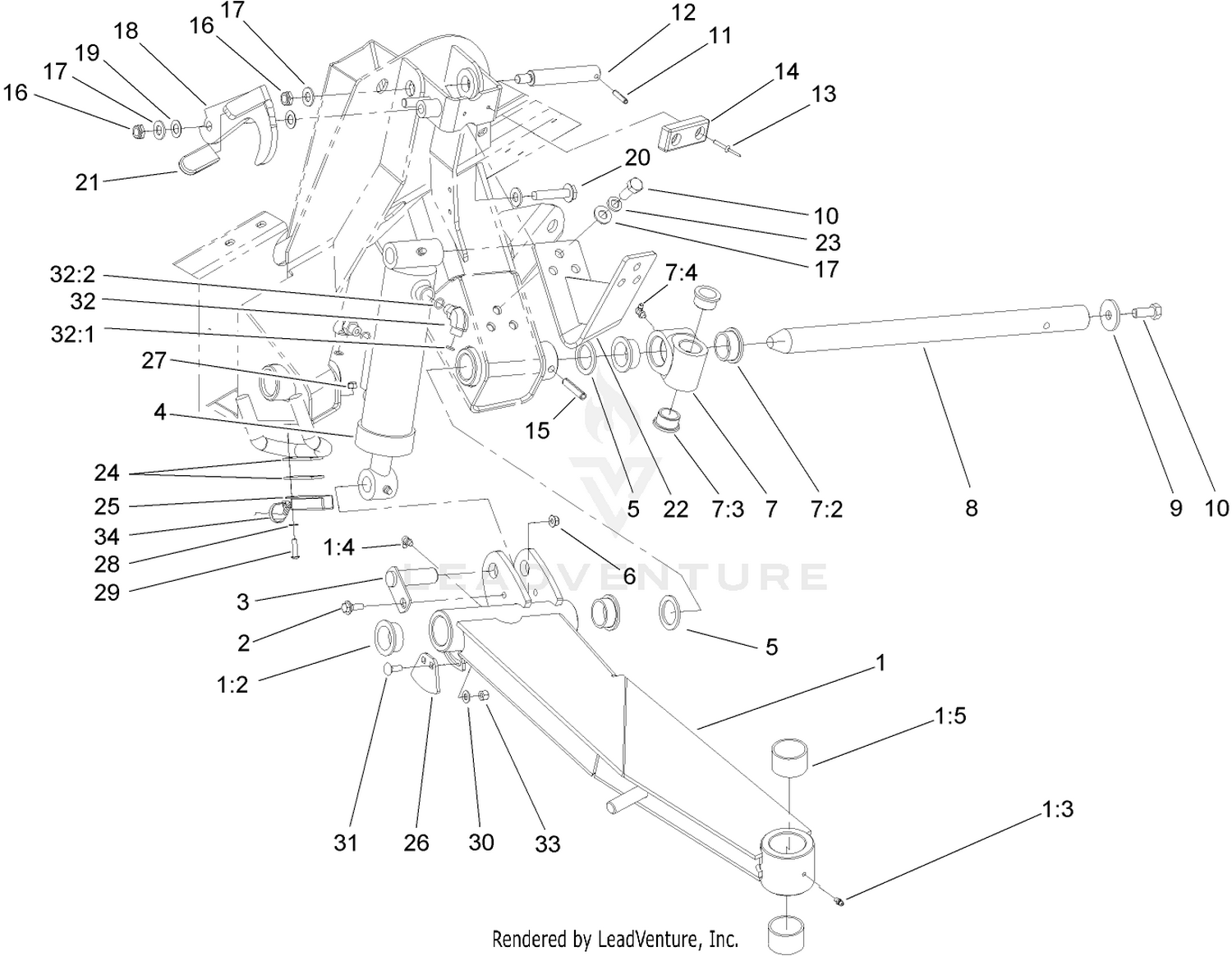 Side Deck Lift Arm, Cylinder and Latch Assembly