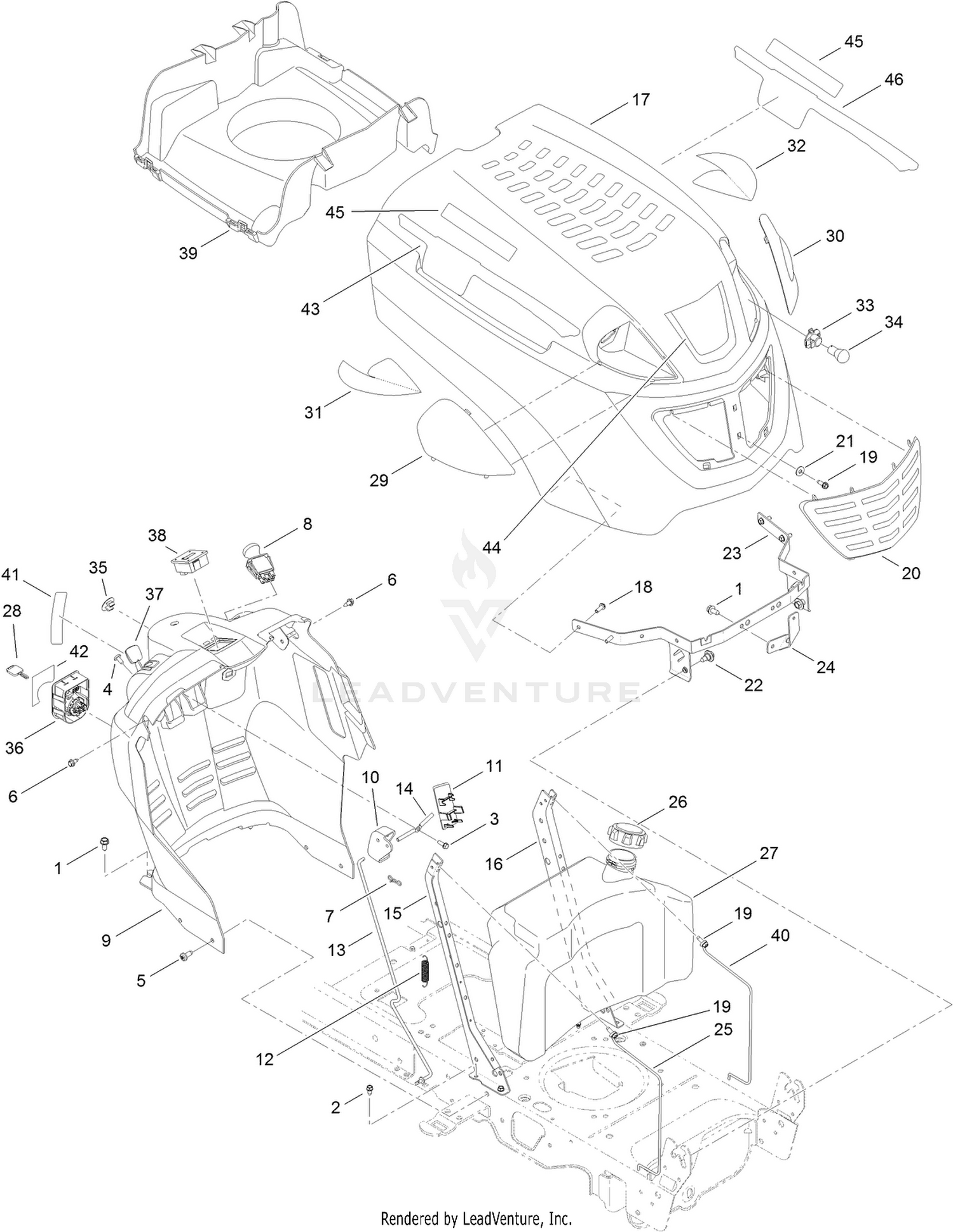 Fuel Tank, Hood and Dash Assembly