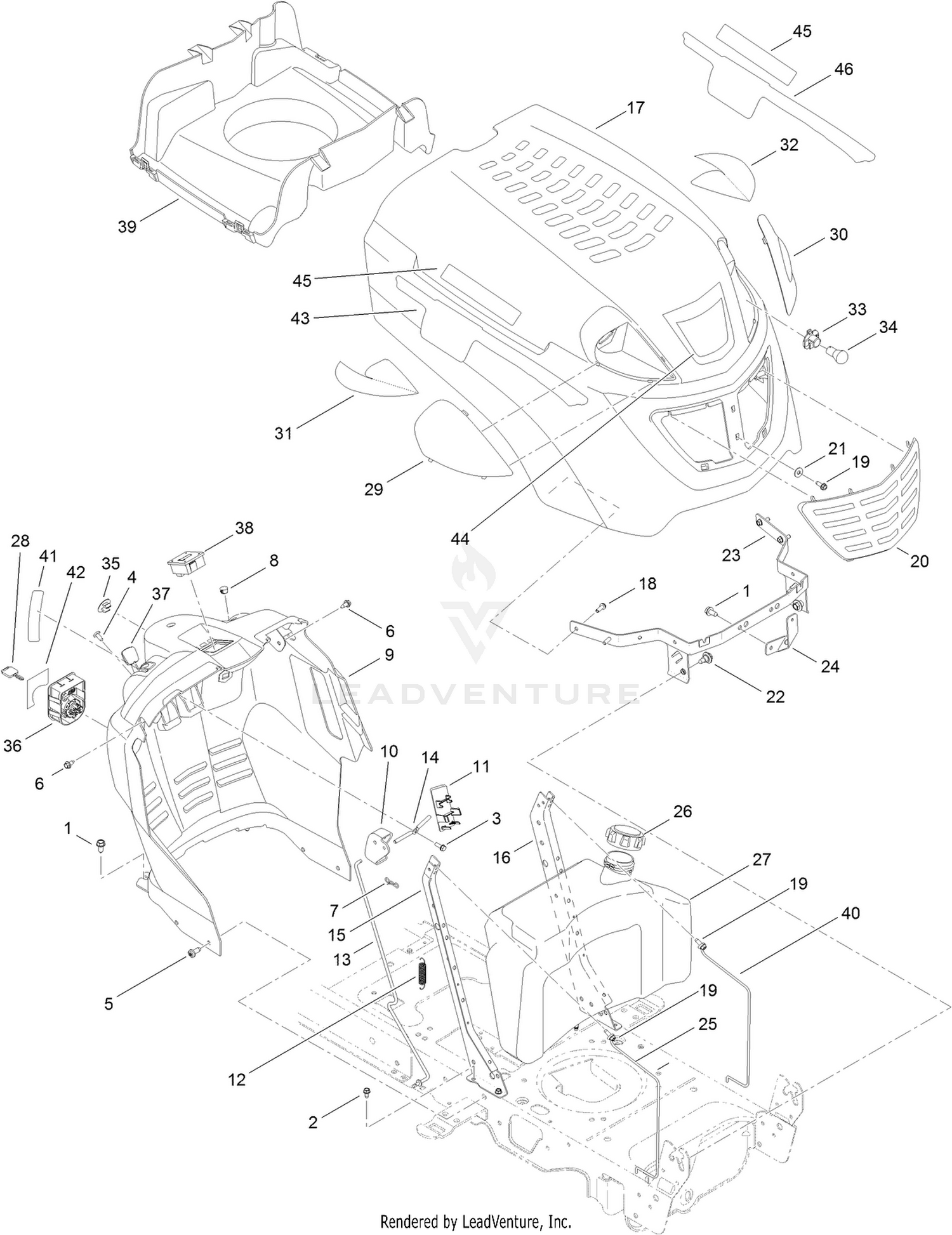 Fuel Tank, Hood and Dash Assembly