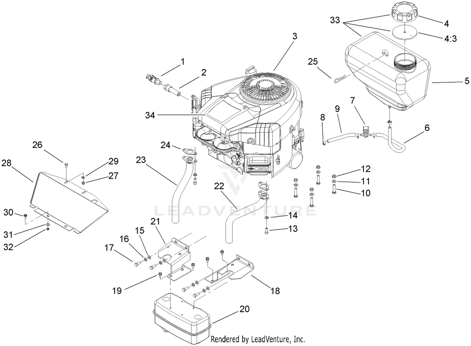 Engine, Muffler and Fuel Tank Assembly